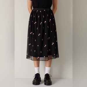 NEW LOFT Tulle Midi Skirt Sz 8 Black Mesh Overlay Embroidered Floral Classic Y2K